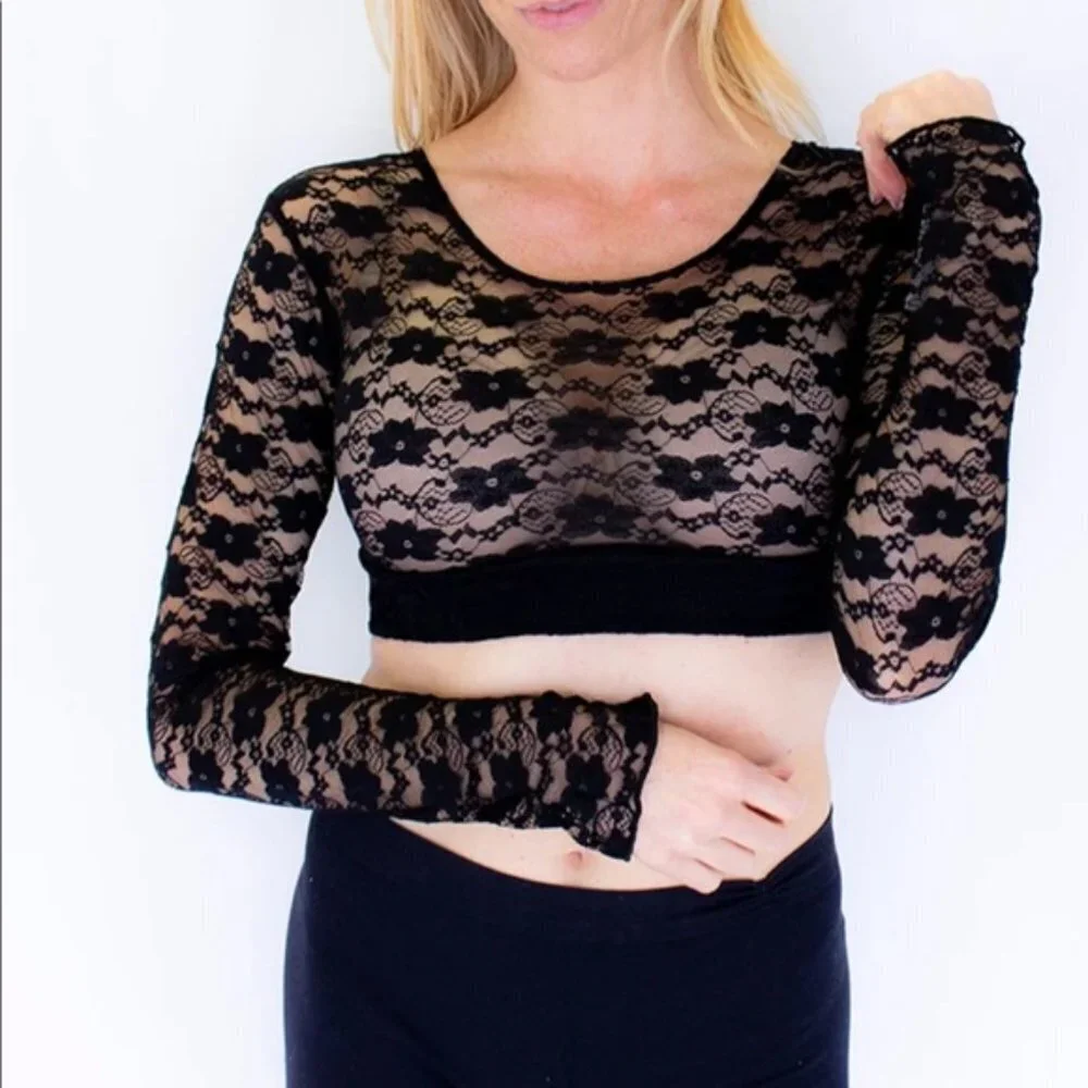Halftee Black Lace Cropped 3/4 Sleeve Top
